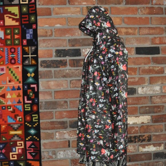 ONLY anno 1995 Waterproof Raincoat Black & Multi Color Floral Raincoat Hooded M - Picture 6 of 13